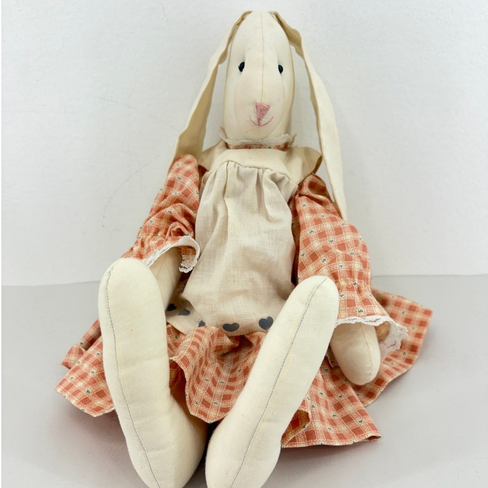 Handmade Primitive Rabbit Doll Jointed Gingham Dress Folk Art Toy Vintage 1986